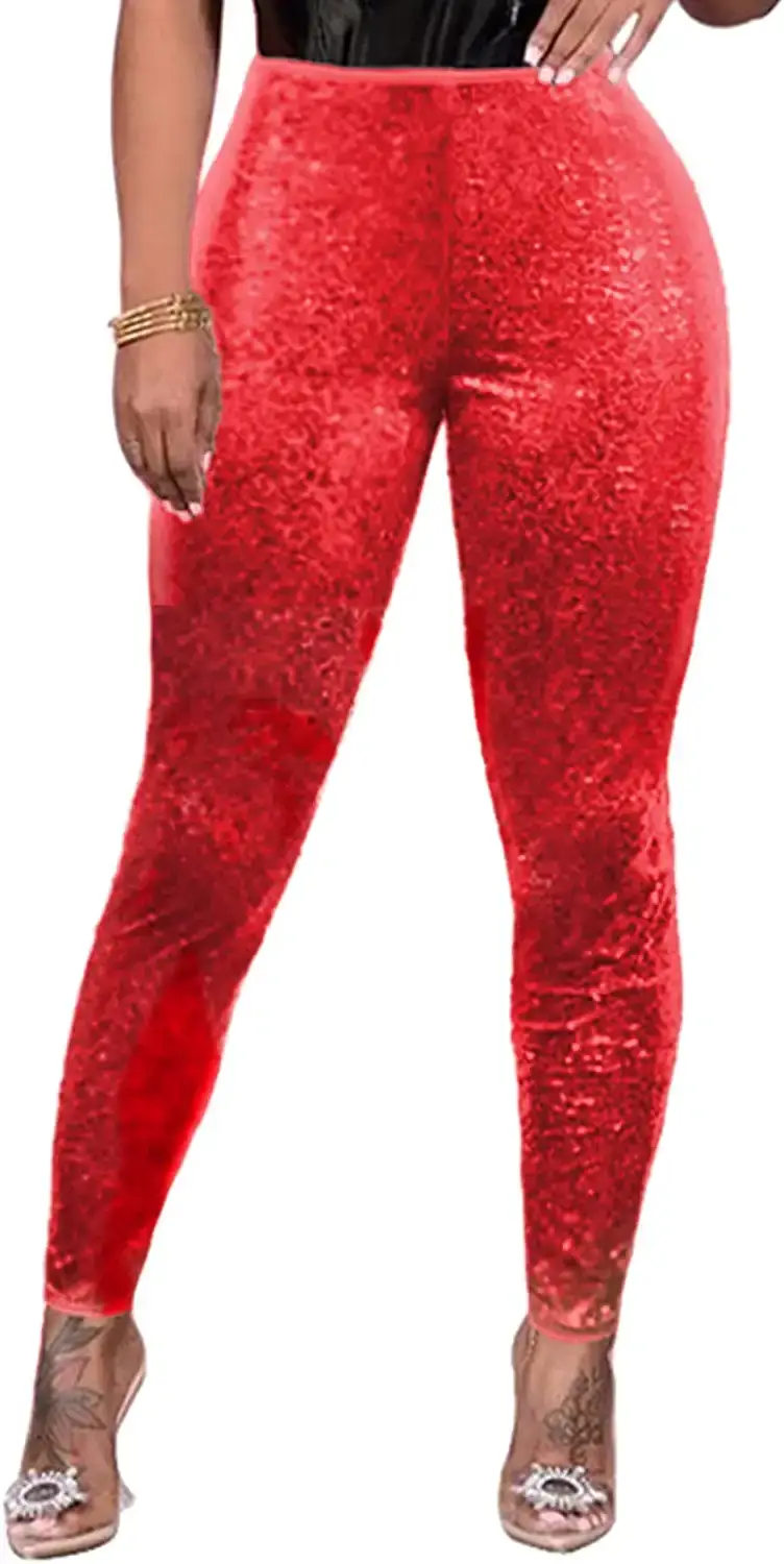 Womens High Waisted Sequined Leggings Pants With Drawstring Pencil Trousers