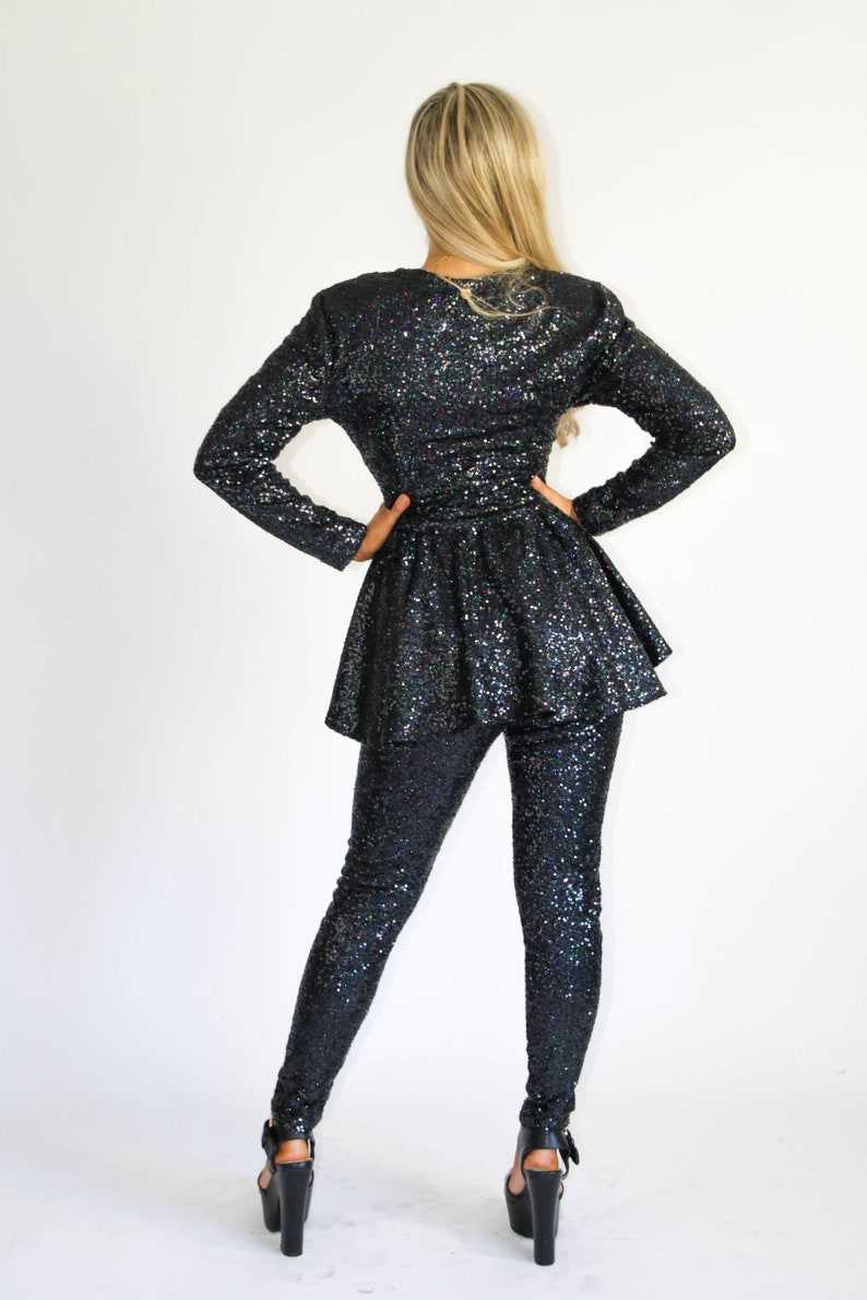 Black Sequin Peplum Suit, Sequin Pants Suit, Party Jumpsuits Rompers#10