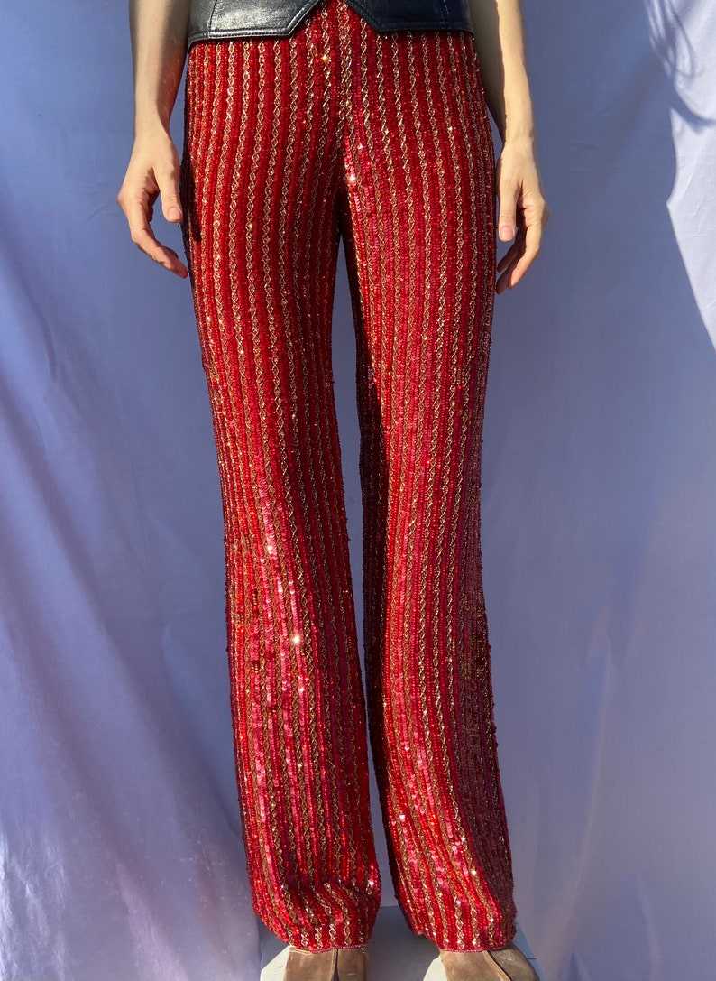 Fully Sequinned Red Trousers, Glam Party, Silk Luxury Pants#3