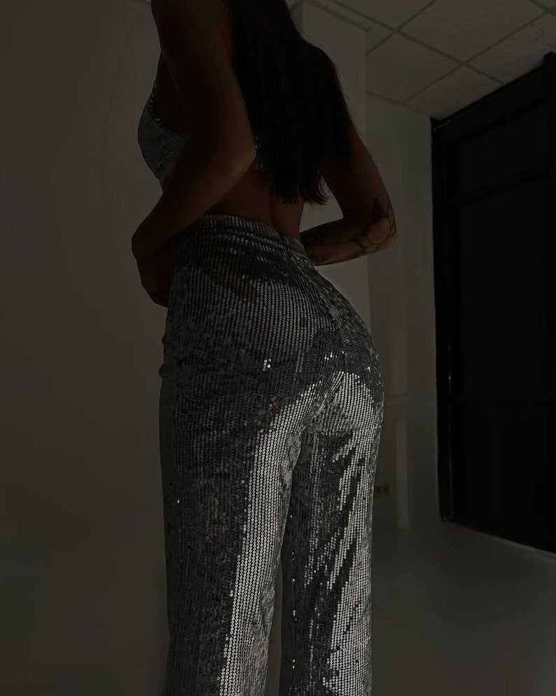 Women Wide Leg Sequins Pants Trousers Silver Club Shiny Party