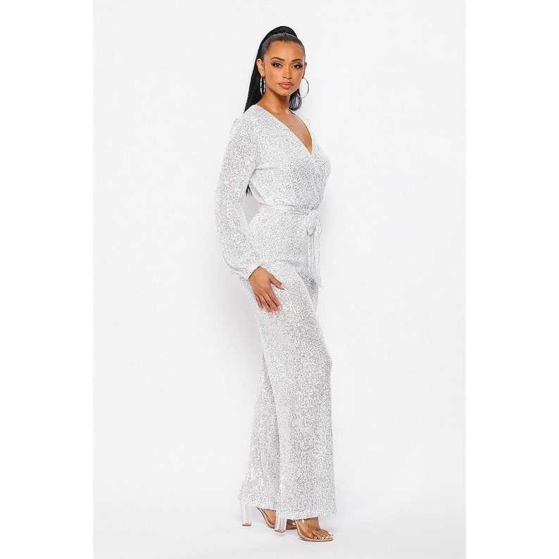 Eve Silver Sequin Long Sleeve Belted Jumpsuit#3