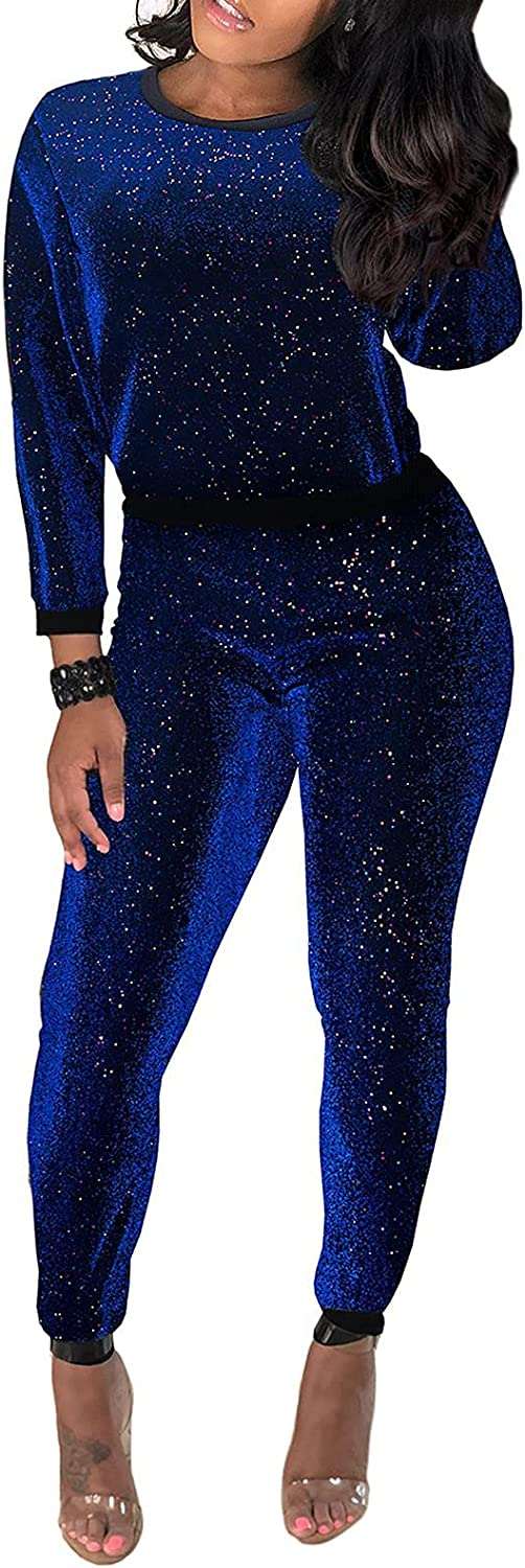 Women's Sequin 2 Piece Outfits, Long Sleeve Glitter Tops, Bodycon Pants, Party Clubwear Set#7
