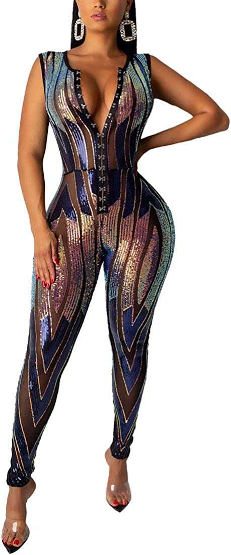 Women's Sexy V Neck Sequin Mesh Pants, Bodycon Long Pants, Party Jumpsuits#1