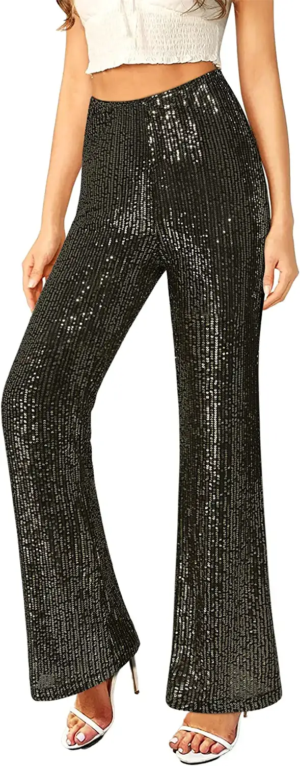 Womens Sequin Flare Pants High Waist Glitter Wide Leg Bell Bottom Leggings  Party Trousers (Black, S) at  Women's Clothing store