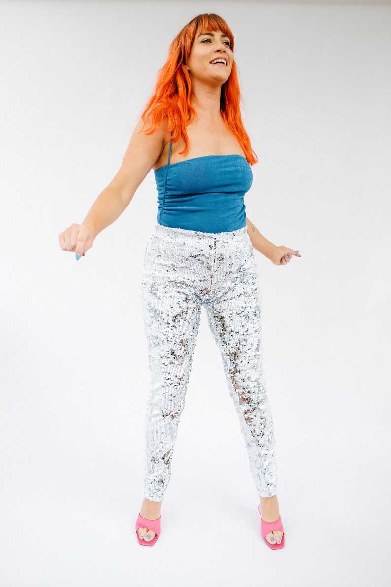 White Sequin Trousers, Glitter Leggings, Sequin Trousers, White Cosplay Pants, Bachelorette Outfit#2