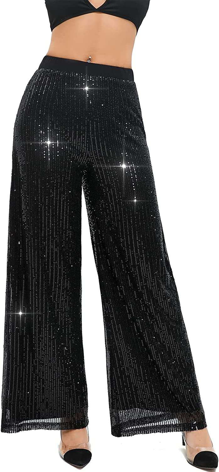 Women's Sparkle Sequin Wide Leg Pants Loose High Waisted Shiny Party  Clubwear Bling Glitter Trousers Night Sequin Pants