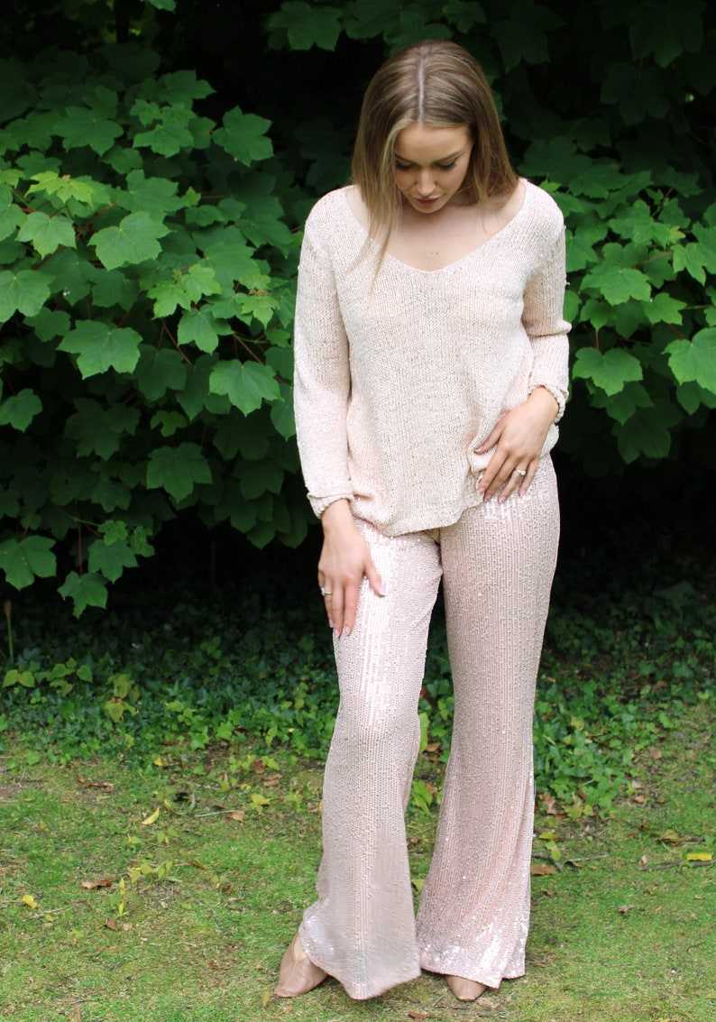 Rose Gold Sequin Pants, Fancy Occasion Stretch Leggings, Wide Flare Palazzo Leg Pants, Bridesmaids Party Wedding#3