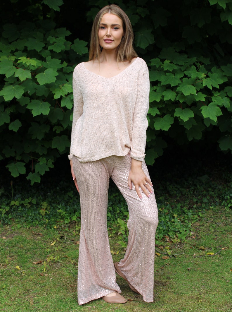 Rose Gold Sequin Flare Pants  Sequin flare pants, Rose gold print, Rose  gold sequin