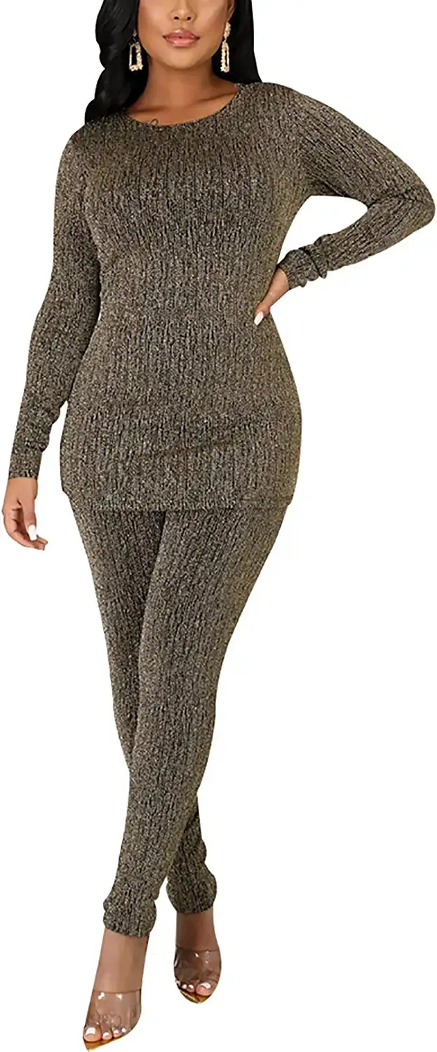 Women's Sequin Suit, Two Pieces Outfits, Elegant Round Neck Long Sleeves, Fall Clubwear Outfits#5