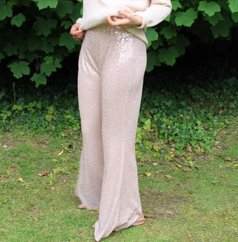 Rose Gold Sequin Pants, Fancy Occasion Stretch Leggings, Wide Flare Palazzo Leg Pants, Bridesmaids Party Wedding#10