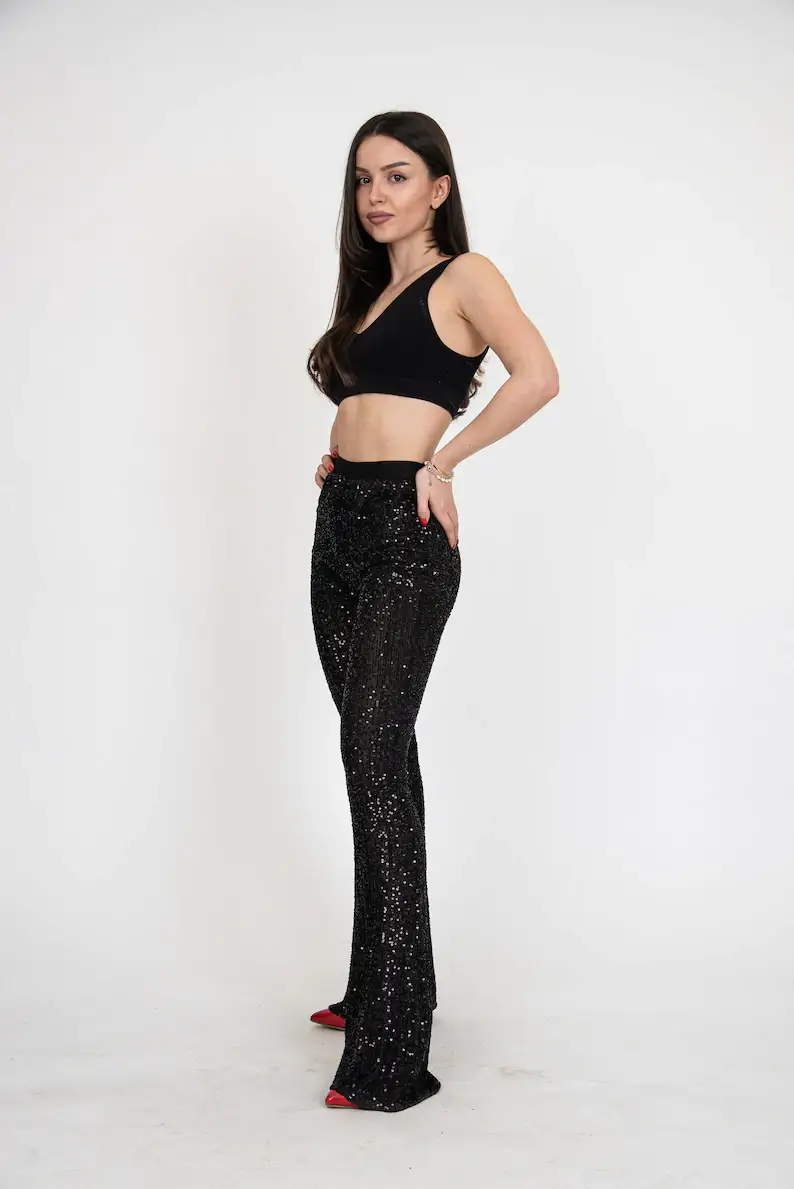 Sequins Disco Pants, Bootcut Pants, Elegant Trousers, Black Sequins Pants, Bell Bottoms, Black Party Pants, Sequins Pants#9