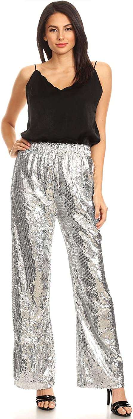 Women's Elastic Waist Sparkly Sequin Pants, 70's Disco Wide Leg Flare Pants, Party Jumpsuits Rompers#4