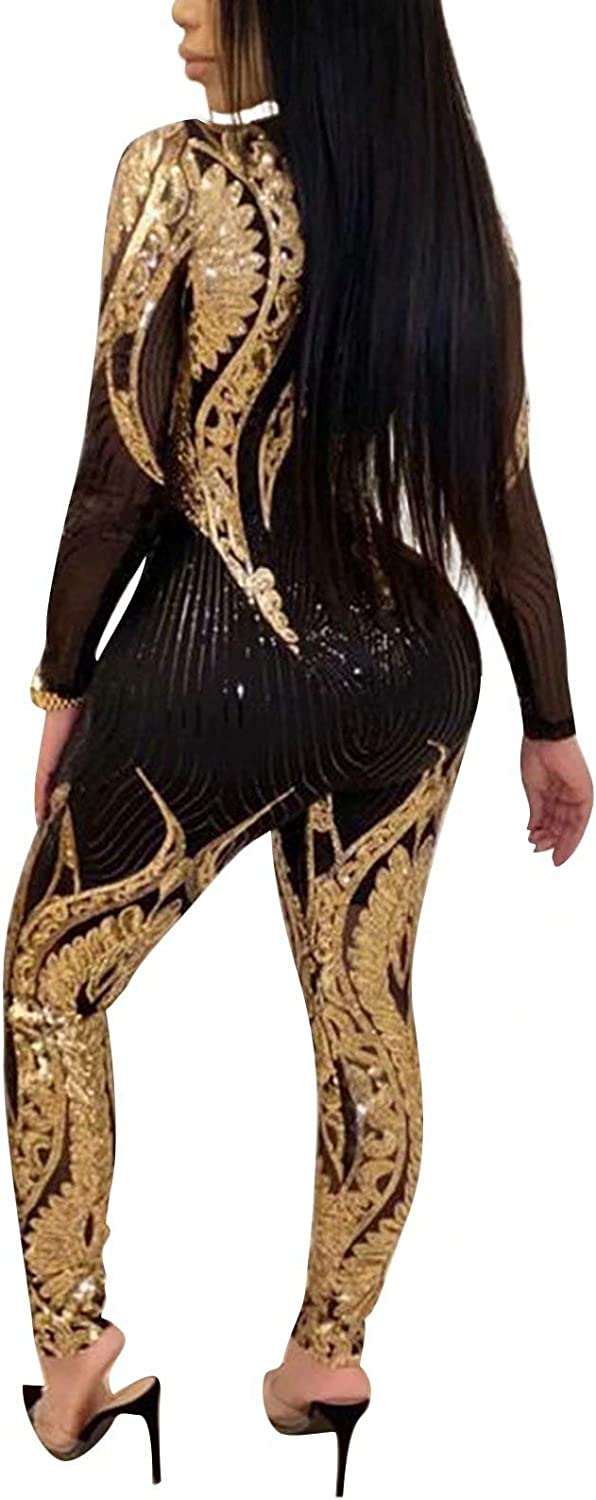 Women's Sexy V Neck Sequin Mesh Pants, Bodycon Long Pants, Party Jumpsuits Rompers#2