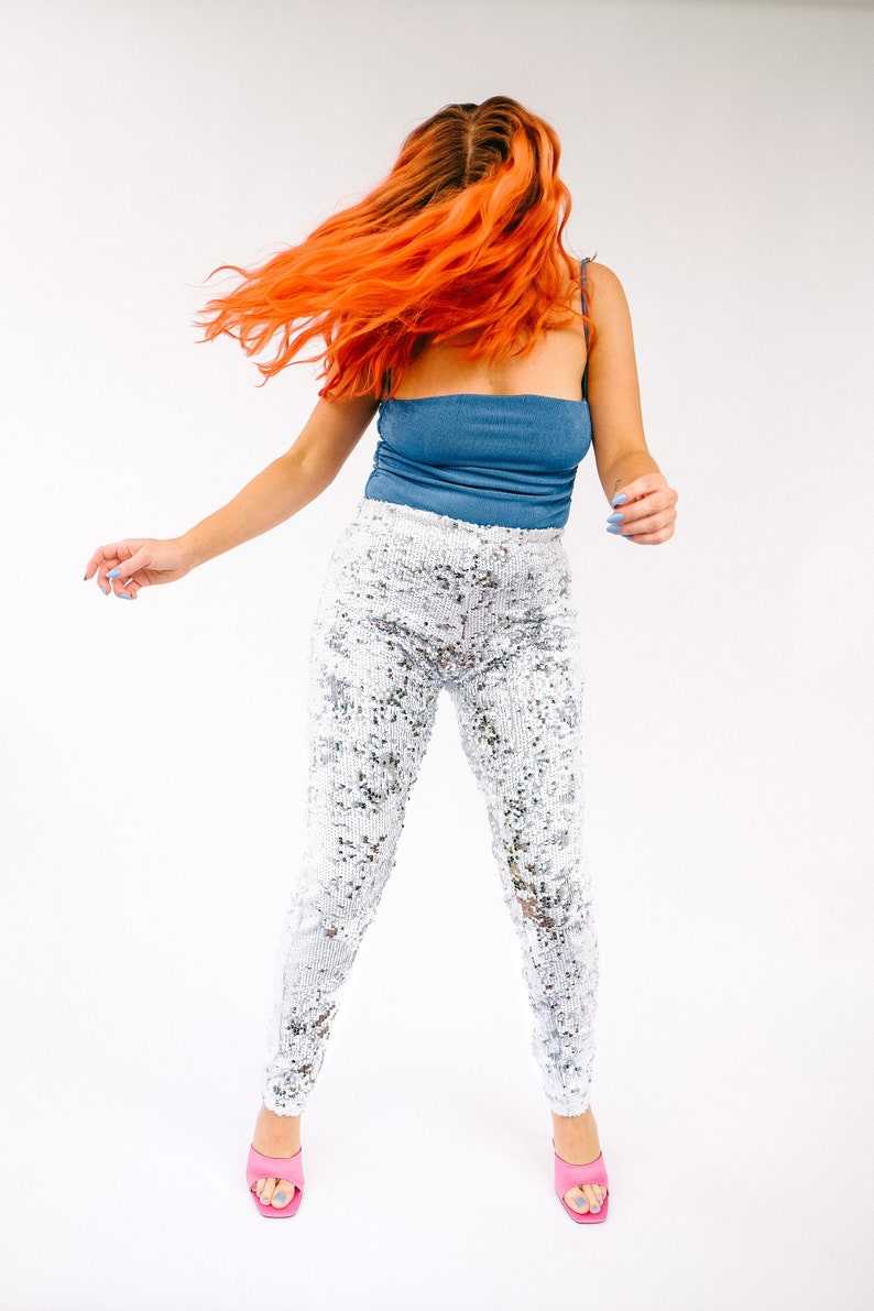 White Sequin Trousers, Glitter Leggings, Sequin Trousers, White Cosplay Pants, Bachelorette Outfit#1
