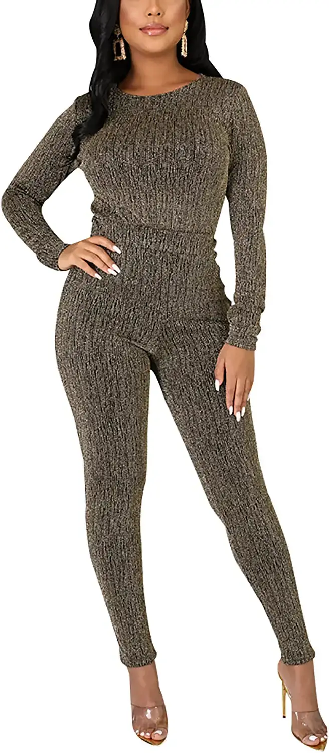 Women's Sequin Suit, Two Pieces Outfits, Elegant Round Neck Long Sleeves, Fall Clubwear Outfits#1
