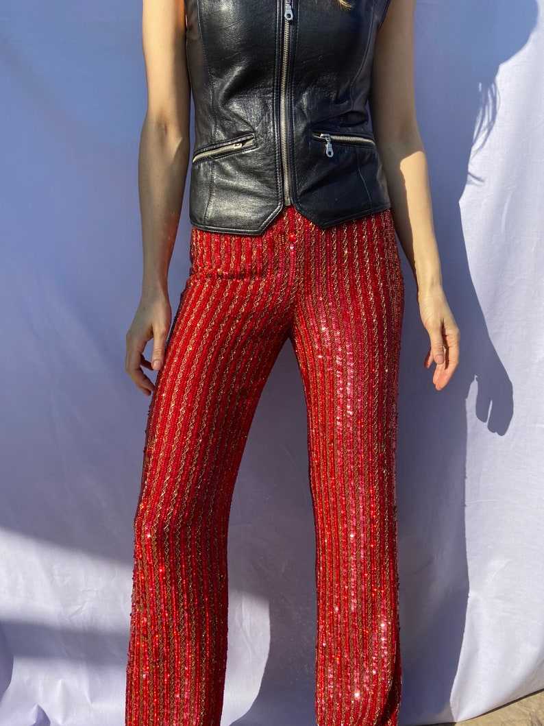 Fully Sequinned Red Trousers, Glam Party, Silk Luxury Pants#4