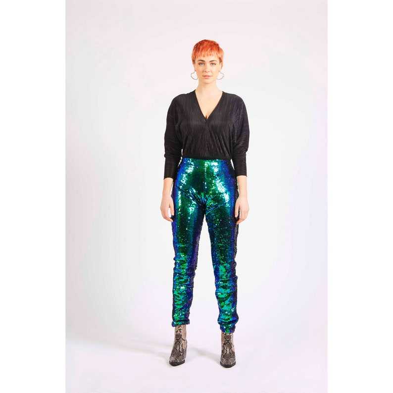 Burning Man Pants, Emerald Green Sequin Leggings, Festival Clothing for Women, Christmas Outfit#4