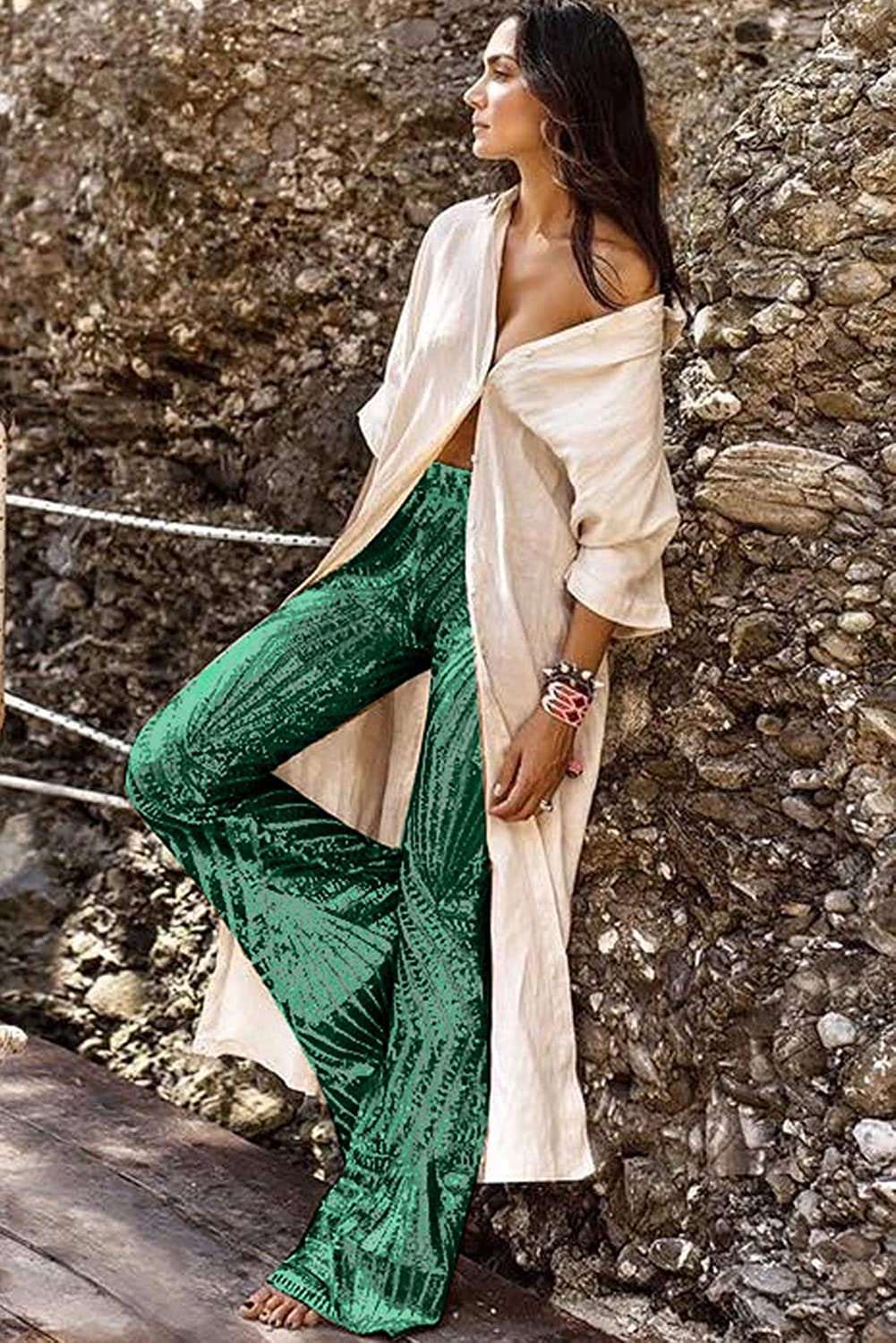 Bell Bottoms for Women, High Waisted Wide Leg Palazzo Pants, Bling Sequin Flared Trousers#3