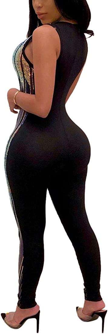 Women's Sexy V Neck Sequin Mesh Pants, Bodycon Long Pants, Party Jumpsuits#4