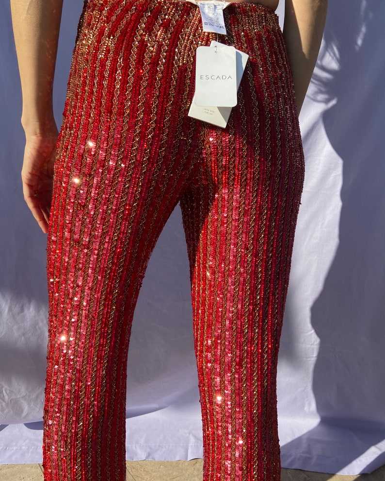 Fully Sequinned Red Trousers, Glam Party, Silk Luxury Pants#7