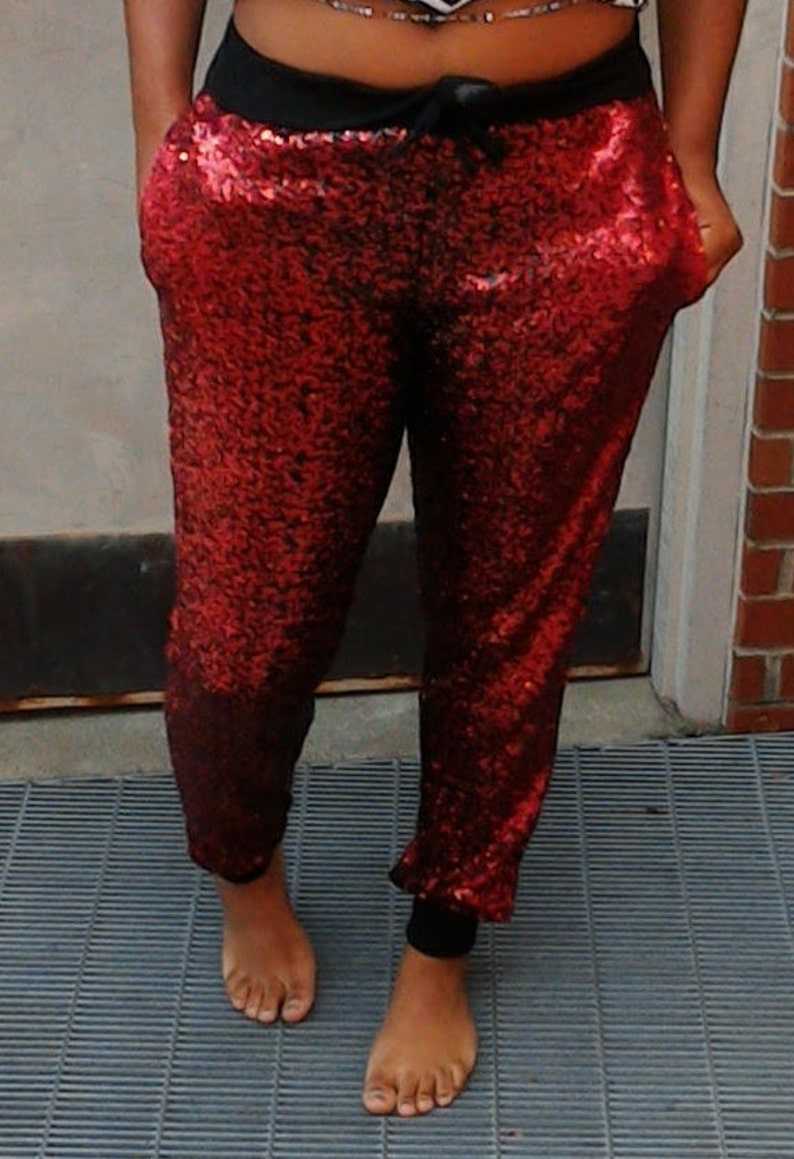 Red Sequin Joggers, Sequin Jogger Pants, Drawstring Closure#3