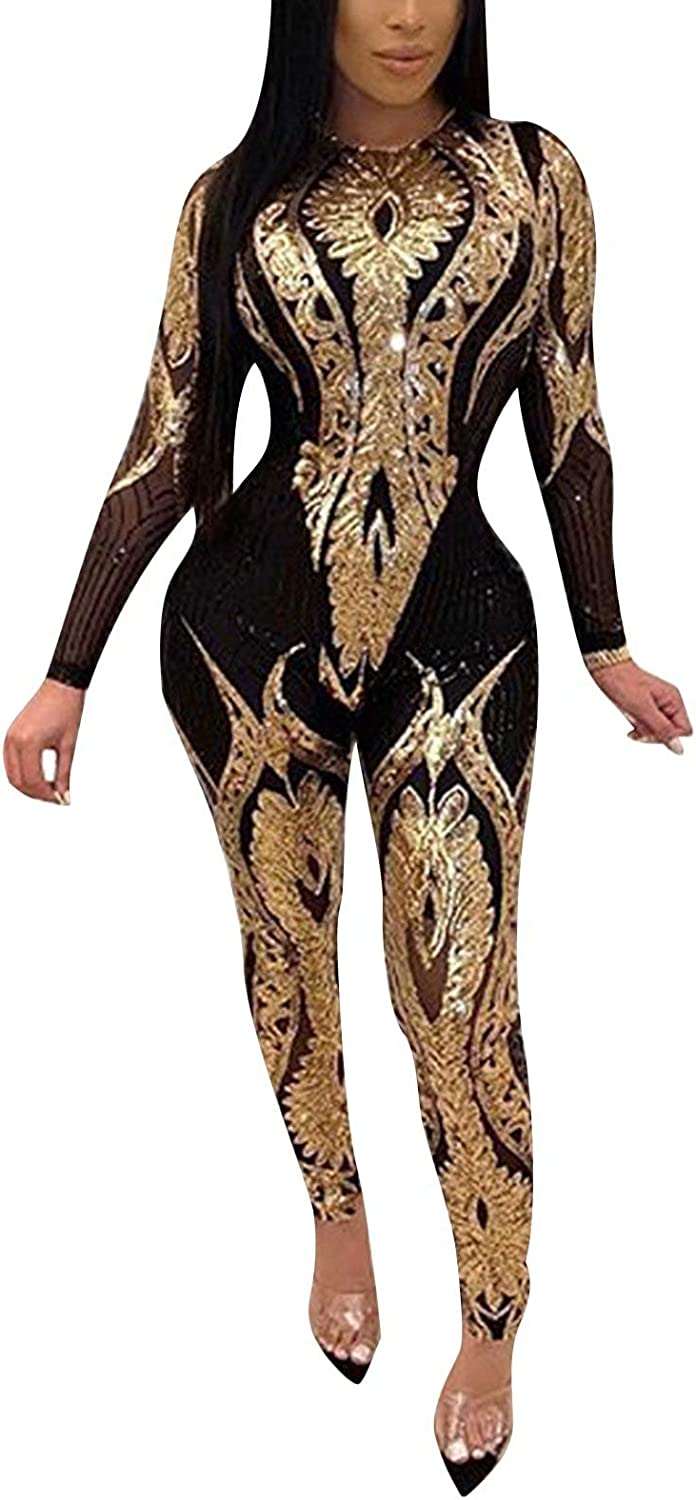 Women's Sexy V Neck Sequin Mesh Pants, Bodycon Long Pants, Party Jumpsuits Rompers#1
