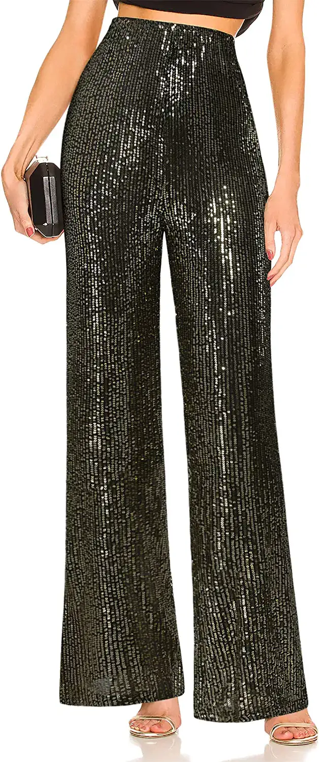 Shiny Statement Silver Sequin High-Waisted Flare Pants