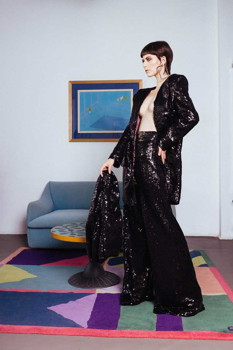 Black Sequin Wide Leg Pants, Rave Clothing at Affordable Prices 