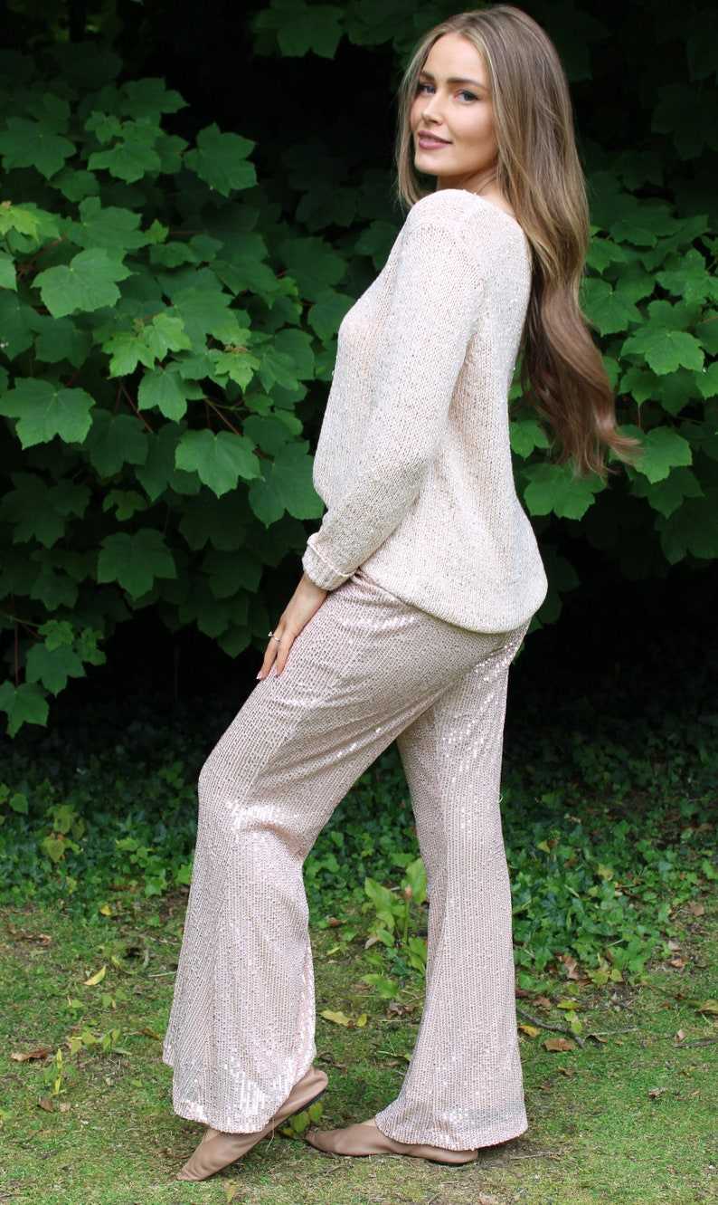 Rose Gold Sequin Pants, Fancy Occasion Stretch Leggings, Wide Flare Palazzo Leg Pants, Bridesmaids Party Wedding#7