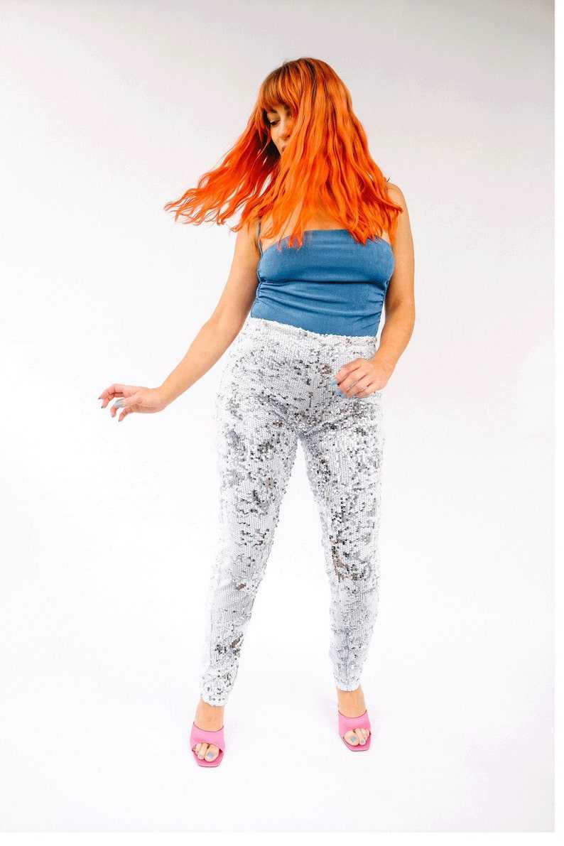 White Sequin Trousers, Glitter Leggings, Sequin Trousers, White Cosplay Pants, Bachelorette Outfit#4