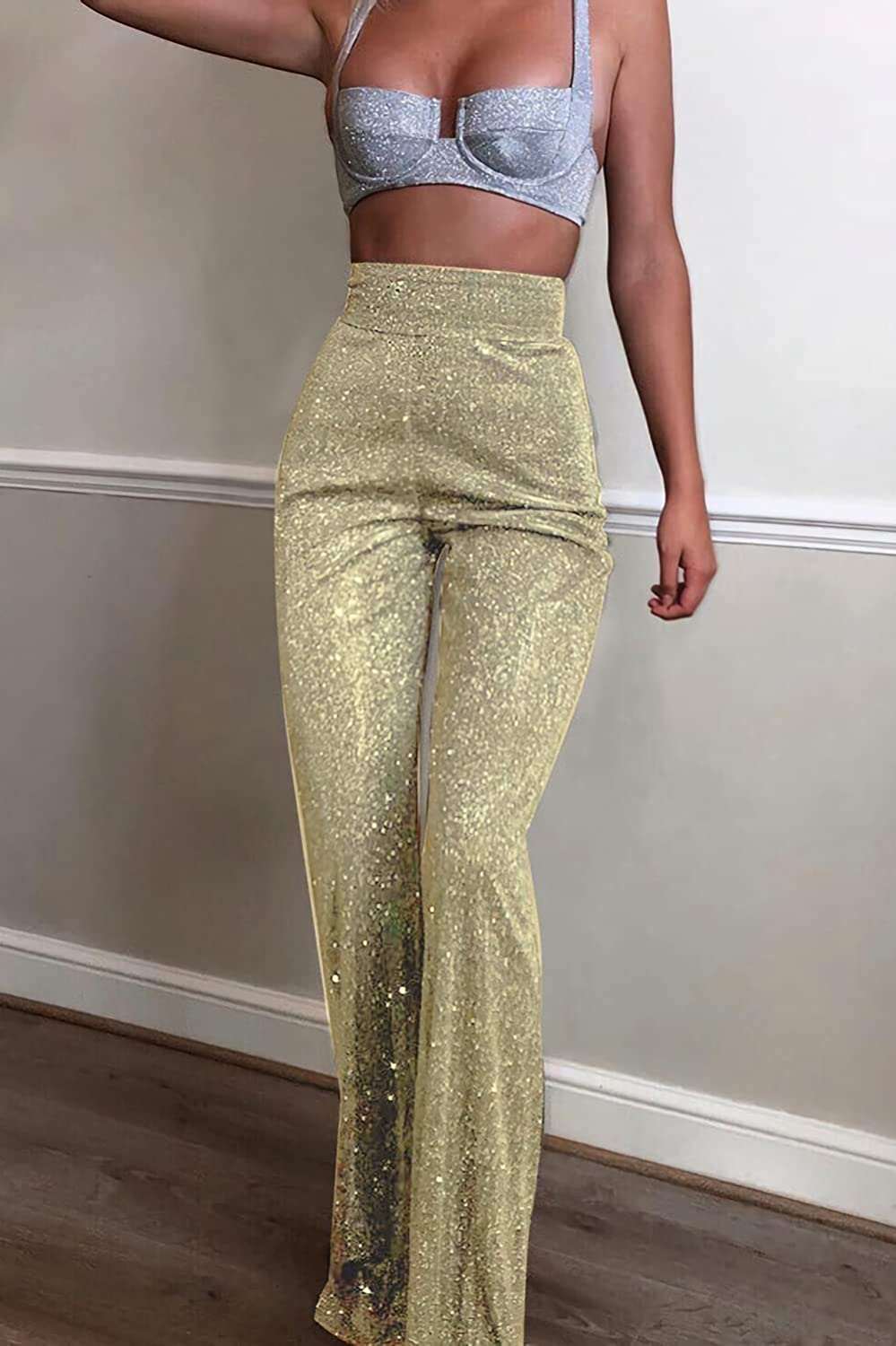 Sexy Sparkly Wide Leg Pants, Women's Sequin Pants, Trousers Clubwear#4