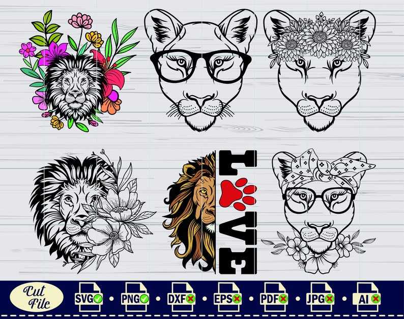 Lion Svg Lion With Flowers Svg King Lion Svg Half Lion Face Svg Lion Head Svg