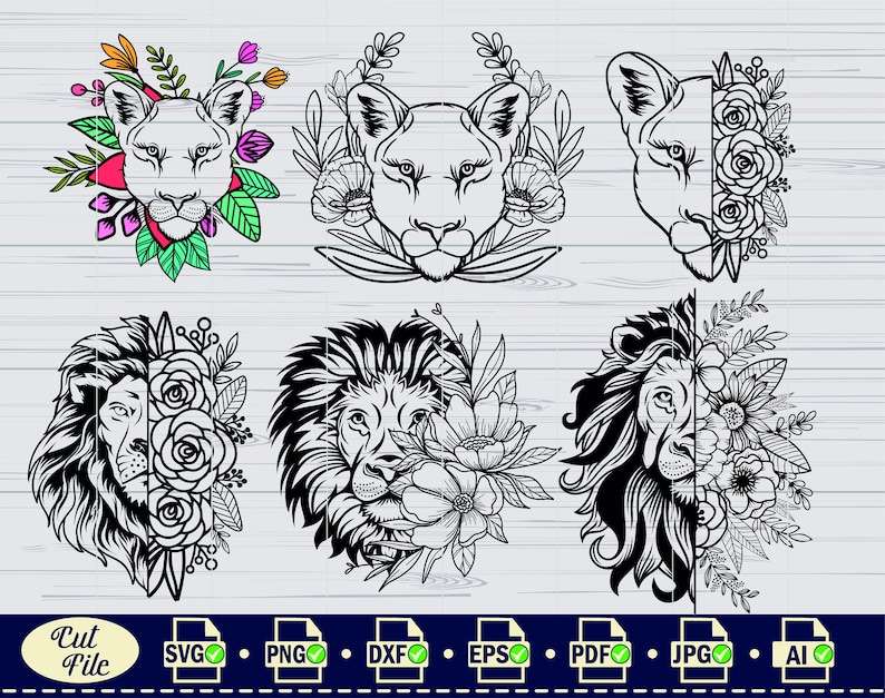Lion Svg File Lion With Flowers Svg Floral Lion Svg Lion Head Svg#7