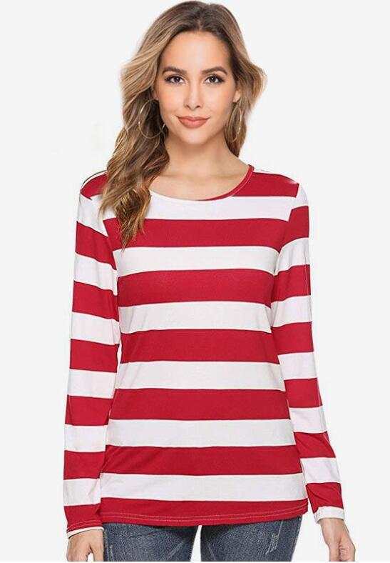 Red and White Shirt Womens, Striped Long Sleeve Top Round Neck T