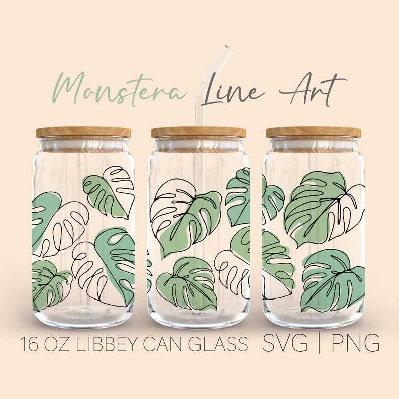 Monstera Line Art Libbey Can Glass Svg 16 Oz Can Glass Digital Download#1