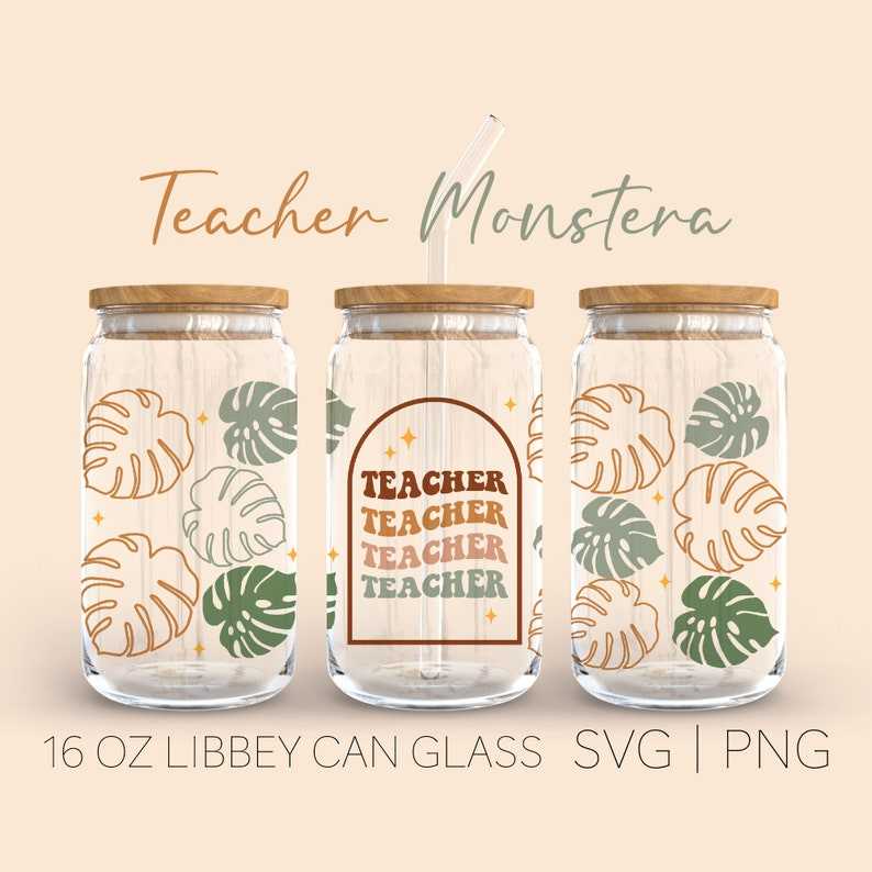 Monstera Boho Libbey Can Glass Svg 16 Oz Can Glass Tropical Leaf Svg Digital Download#1