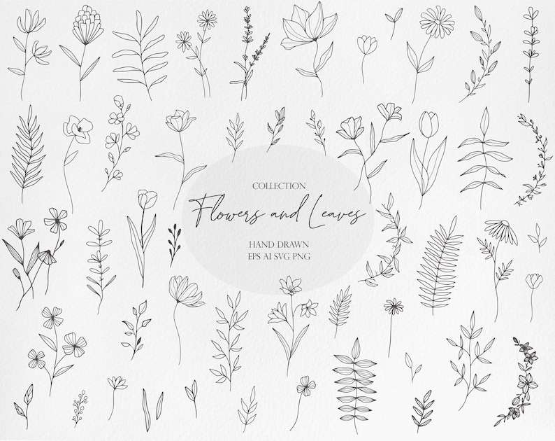 Flowers and Leaves Line Art Clipart Bundle Spring Flower Botanical Illustrations Set#1