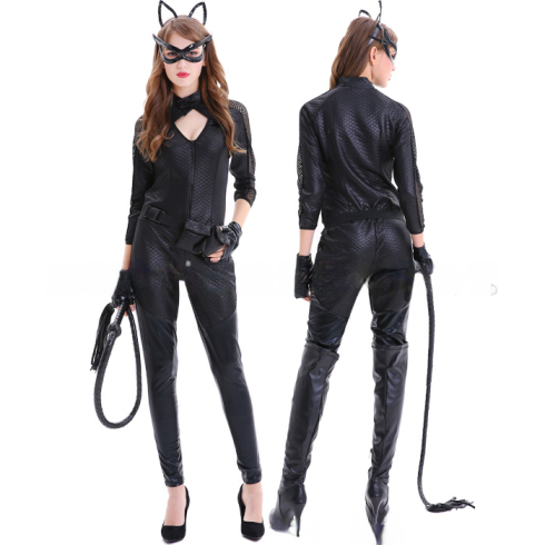 Catwoman Cosplay, Sexy Catwoman Black Bodysuit Belt Head Headgear Eyepatch  Belt