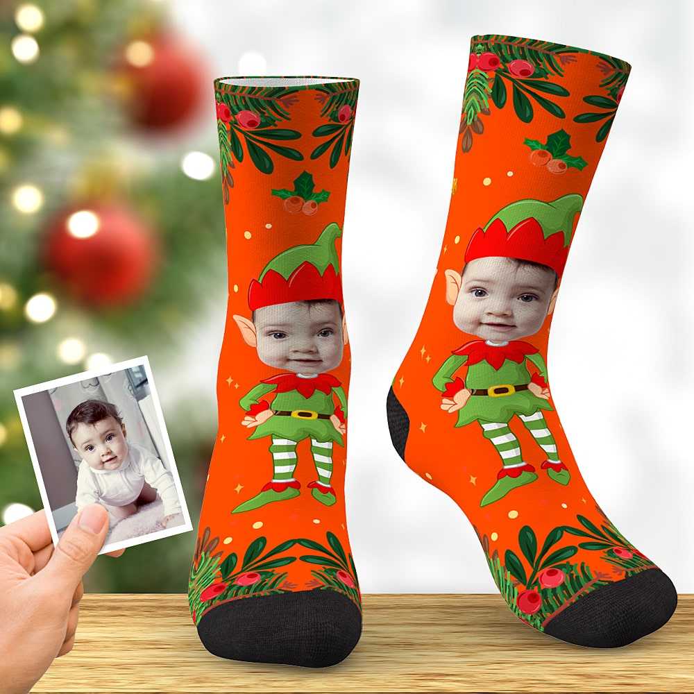 Custom Face Socks Add Picture Christmas Elf with Mistletoe Socks