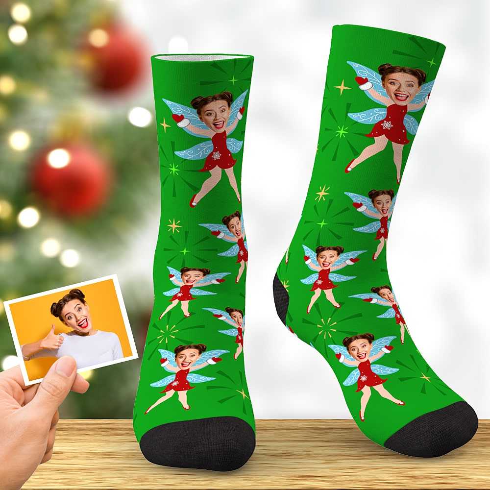 Custom Face Socks Personalized Funny Christmas Elf Socks With Wings