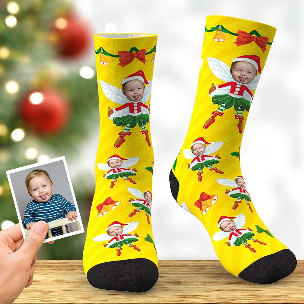 Custom Face Socks Personalized Bowknot Elf Socks Christmas Gift