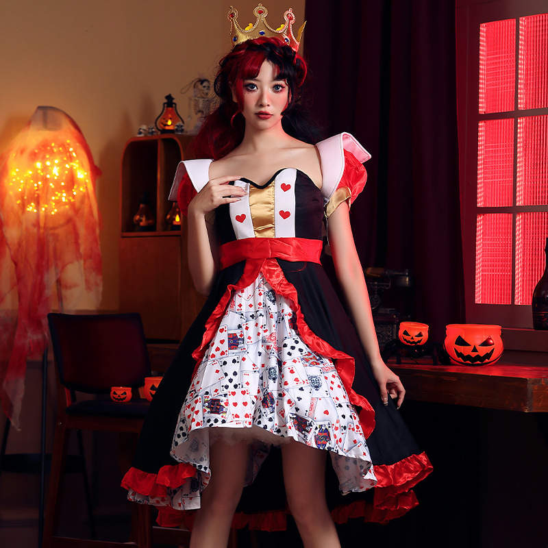 Queen Of Hearts Costume, Halloween Costume Red Queen Printed Dress