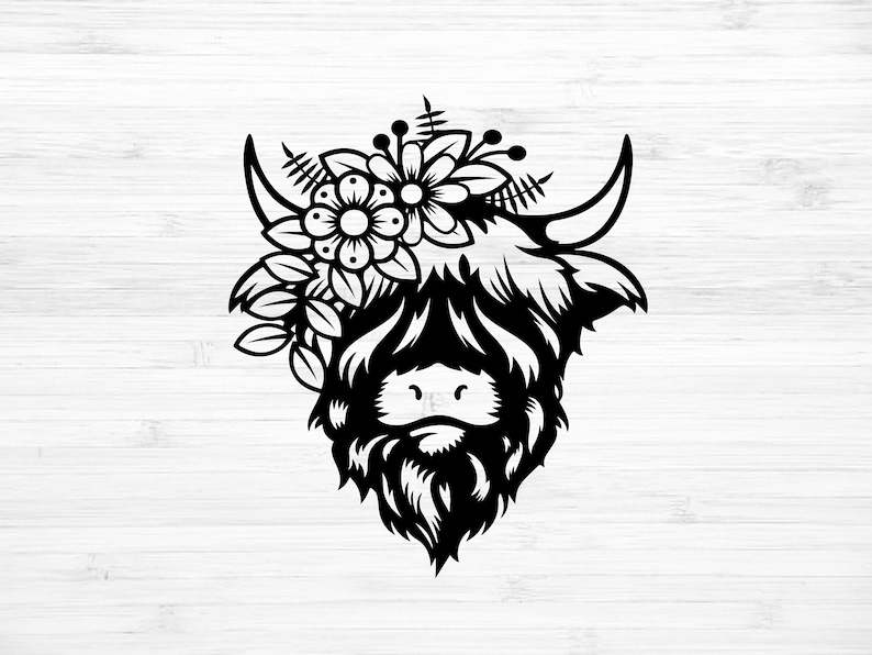 Highland Cow Head Svg, Highland Cow with Flowers Svg - Highland Cow Png - Cow with Flowers SVG#1