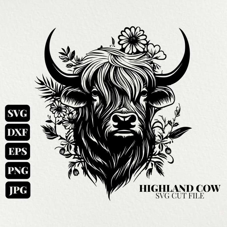 Highland Cow Head Svg, Highland Cow SVG Commercial Use Clip Art - Cow With Flowers Svg PNG - Cow Face Png#1