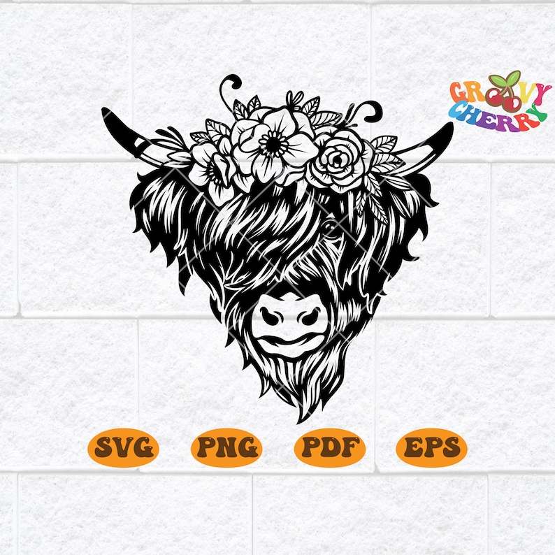 Highland Cow Head Svg, Highland Cow with Flower Crown SVG - Highland Heifer svg - Cow with Flowers on Head 