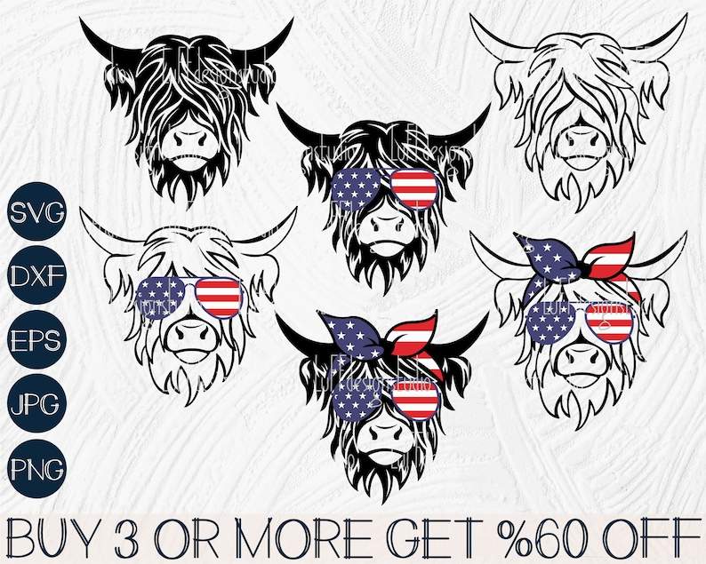 Highland Cow Head Svg, Patriotic Highland Cow SVG - Funny 4th of July SVG - Usa Flag Bandana Sunglasses#1