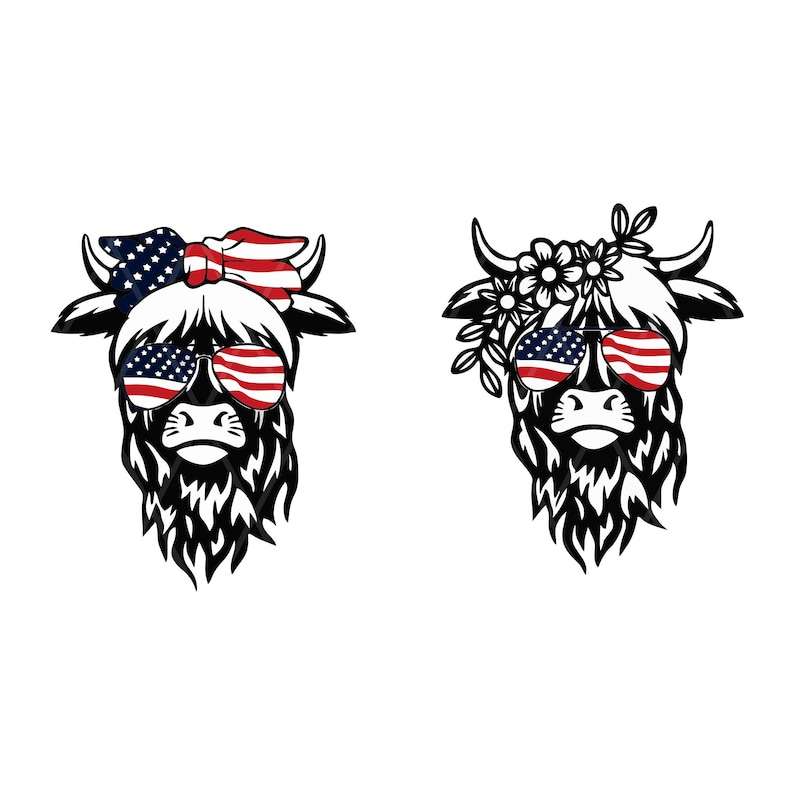 Highland Cow Svg, Patriotic Highland Cow SVG - 4th of July SVG - Usa Flag Bandana Sunglasses