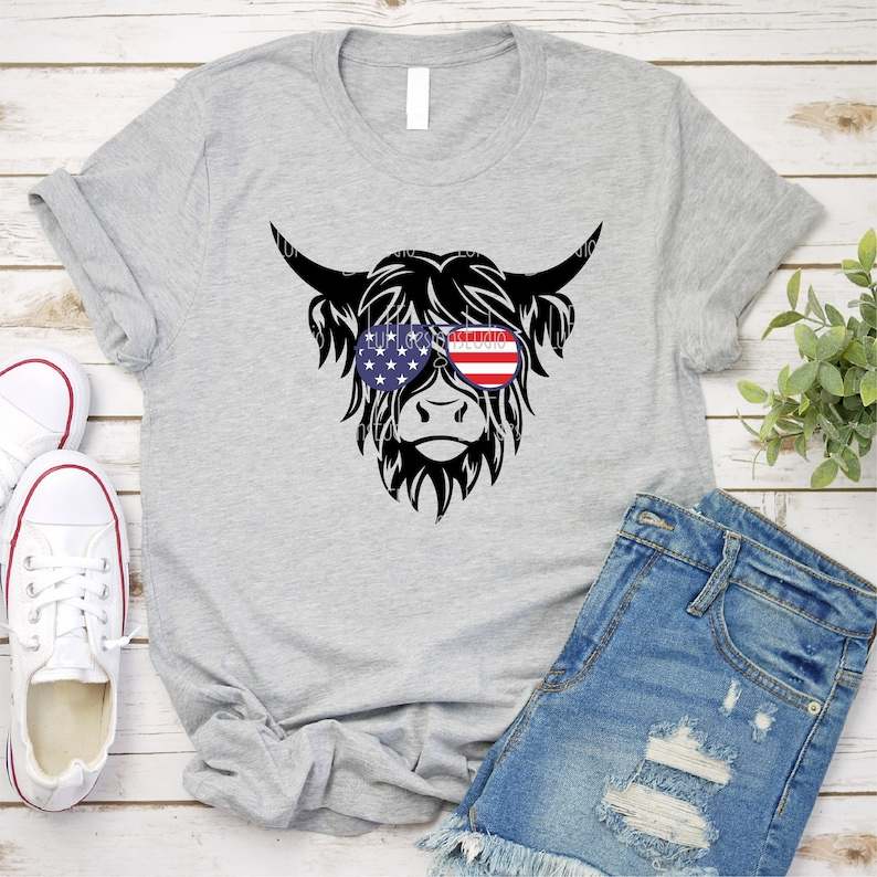 Highland Cow Head Svg, Patriotic Highland Cow SVG - Funny 4th of July SVG - Usa Flag Bandana Sunglasses#5