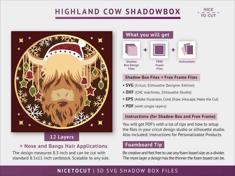 Christmas Highland Cow Svg, 3D Highland Cow Shadow Box - Christmas Shadow Box SVG - Animals SVG#4