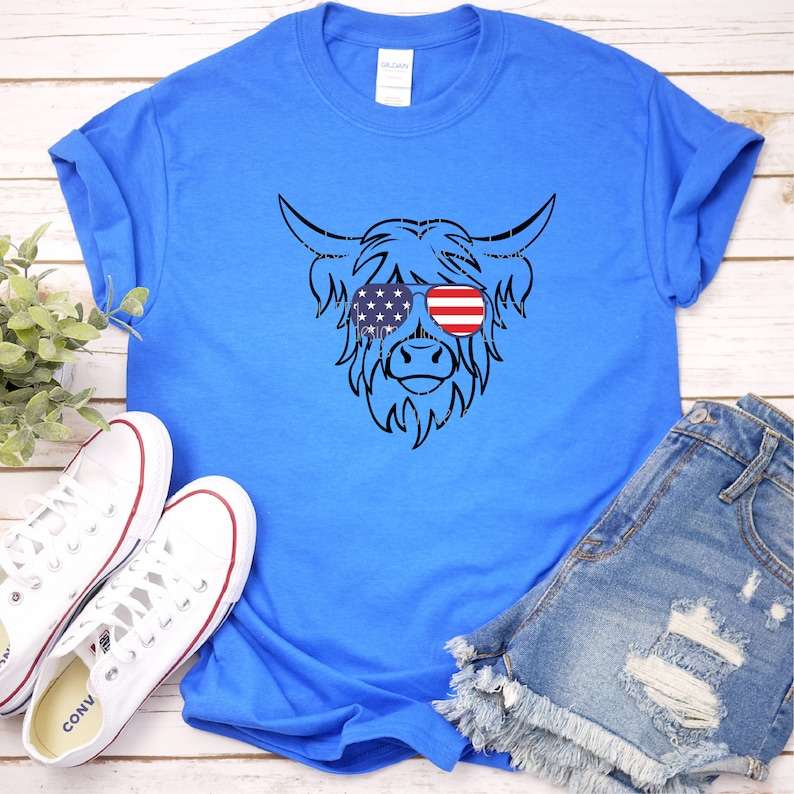 Highland Cow Head Svg, Patriotic Highland Cow SVG - Funny 4th of July SVG - Usa Flag Bandana Sunglasses#6
